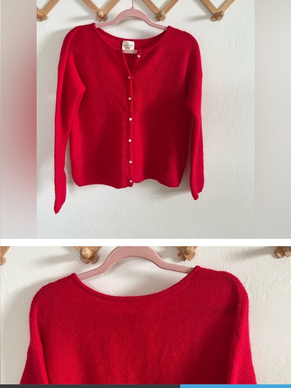 Sezane Gaspard Cherry Red Pearl-Button Cardigan Jumper Sweater